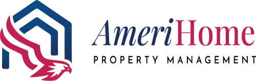 A blue and black logo for american property management.