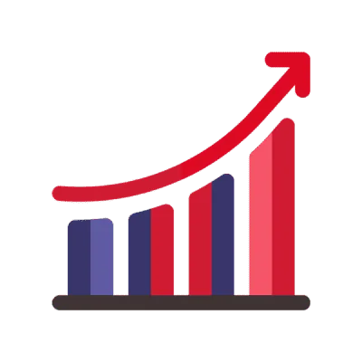 A red and blue bar graph with an arrow going up.