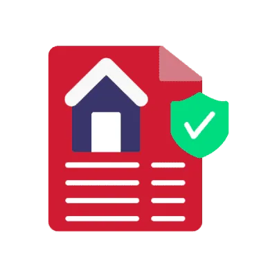 A red document with a house and green shield on it.