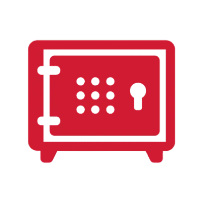 A red safe with a key hole on the front.
