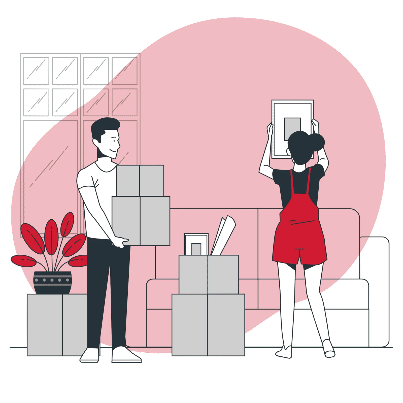 A man and woman standing in front of boxes.