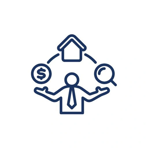 A person with three hands holding up money, dollar sign and house.