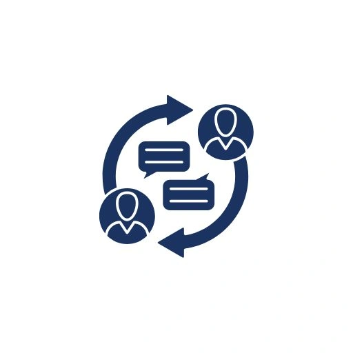 A blue icon of two people and one person with a chat bubble.
